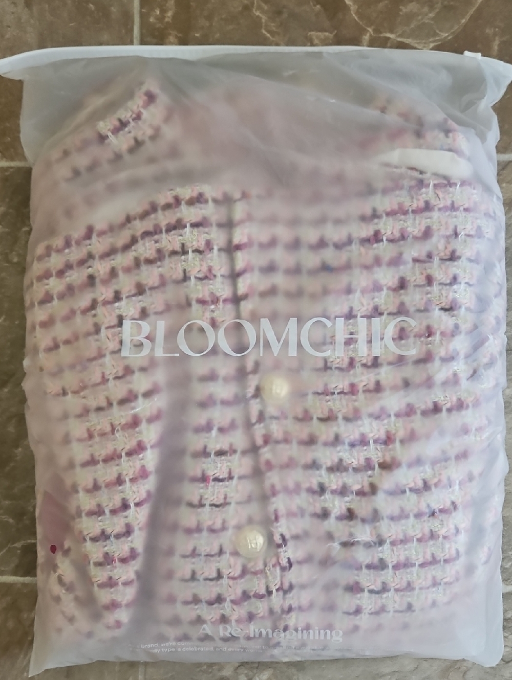 BloomChic Pink and Cream Tweed Cardigan with Pearl Buttons